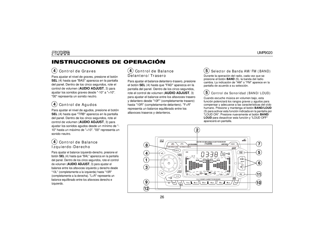 Audiovox UMP9020 owner manual Control de Graves, Control de Agudos, Control de Balance Delantero/Trasero 