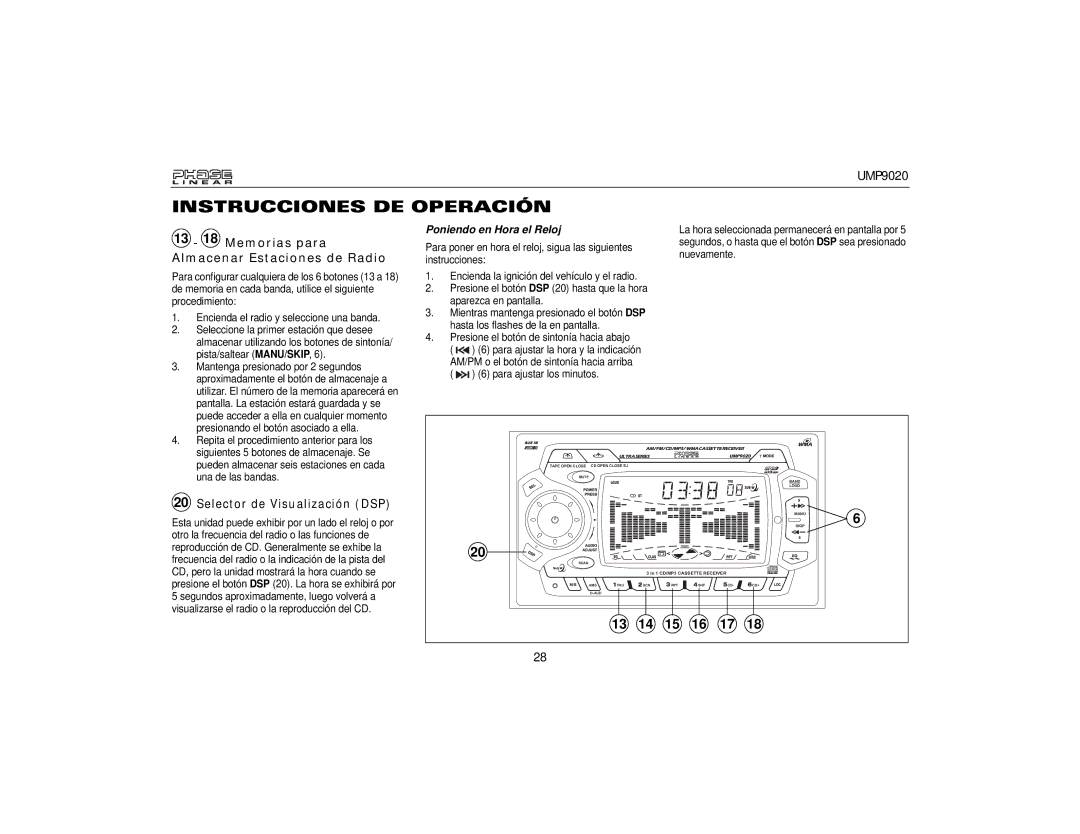 Audiovox UMP9020 owner manual 13 18 Memorias para Almacenar Estaciones de Radio, Poniendo en Hora el Reloj 