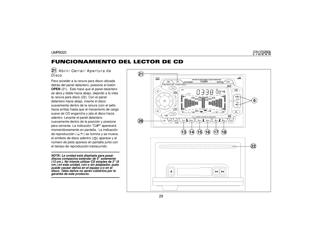 Audiovox UMP9020 owner manual Funcionamiento DEL Lector DE CD, Abrir/Cerrar/Apertura de Disco 