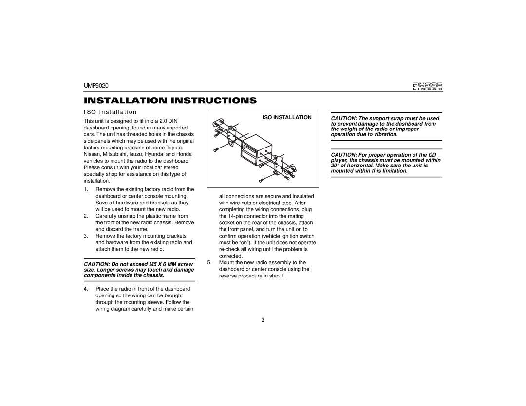 Audiovox UMP9020 owner manual Installation Instructions, ISO Installation 