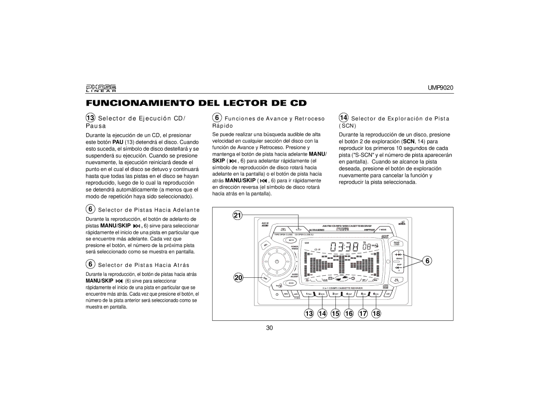 Audiovox UMP9020 Selector de Ejecución CD/ Pausa, Funciones de Avance y Retroceso Rápido, Selector de Pistas Hacia Atrás 