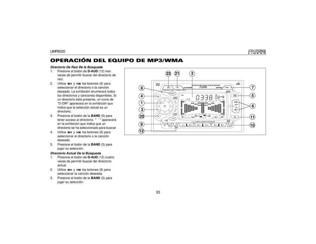 Audiovox UMP9020 owner manual Directorio De Raíz De la Búsqueda, Directorio Actual De la Búsqueda 