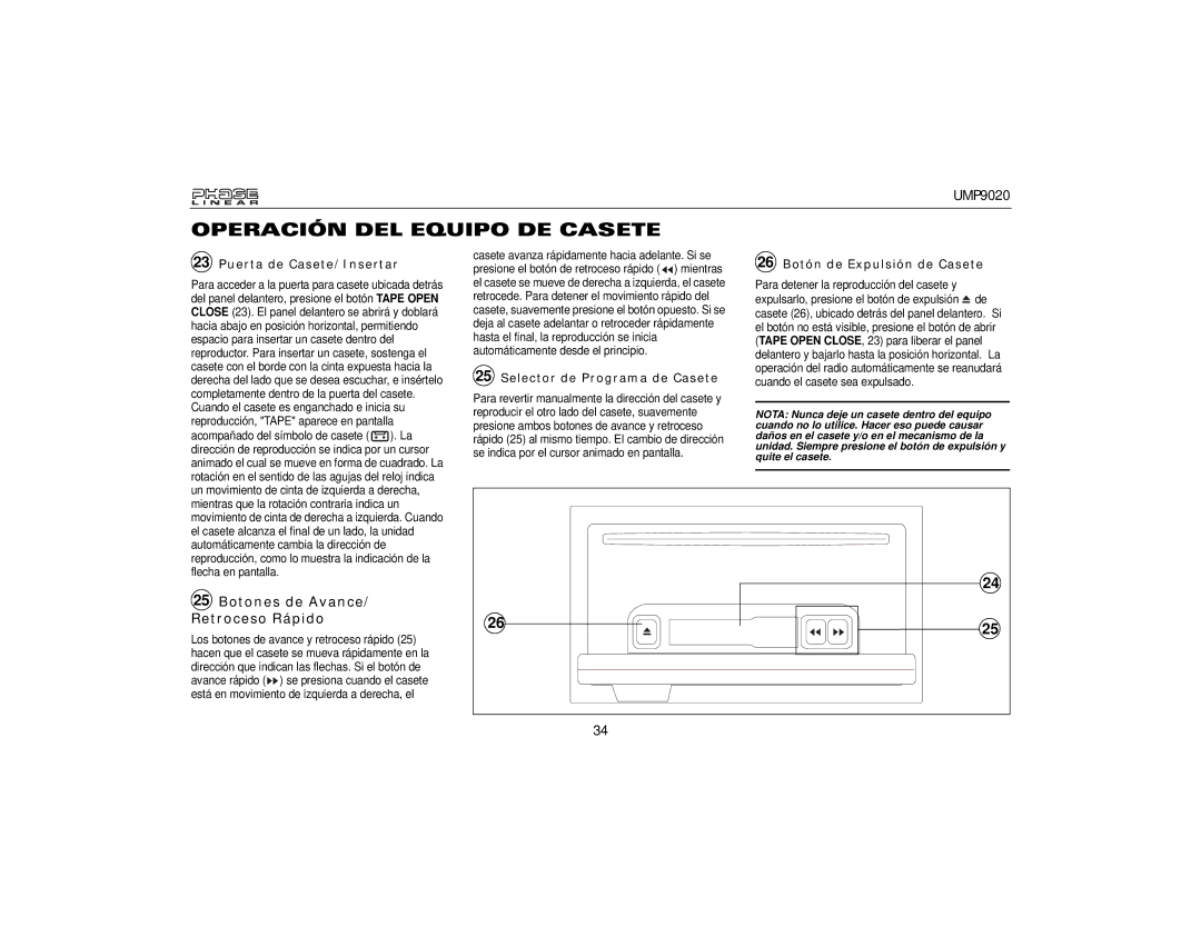 Audiovox UMP9020 Operación DEL Equipo DE Casete, Botones de Avance/ Retroceso Rápido, Puerta de Casete/Insertar 