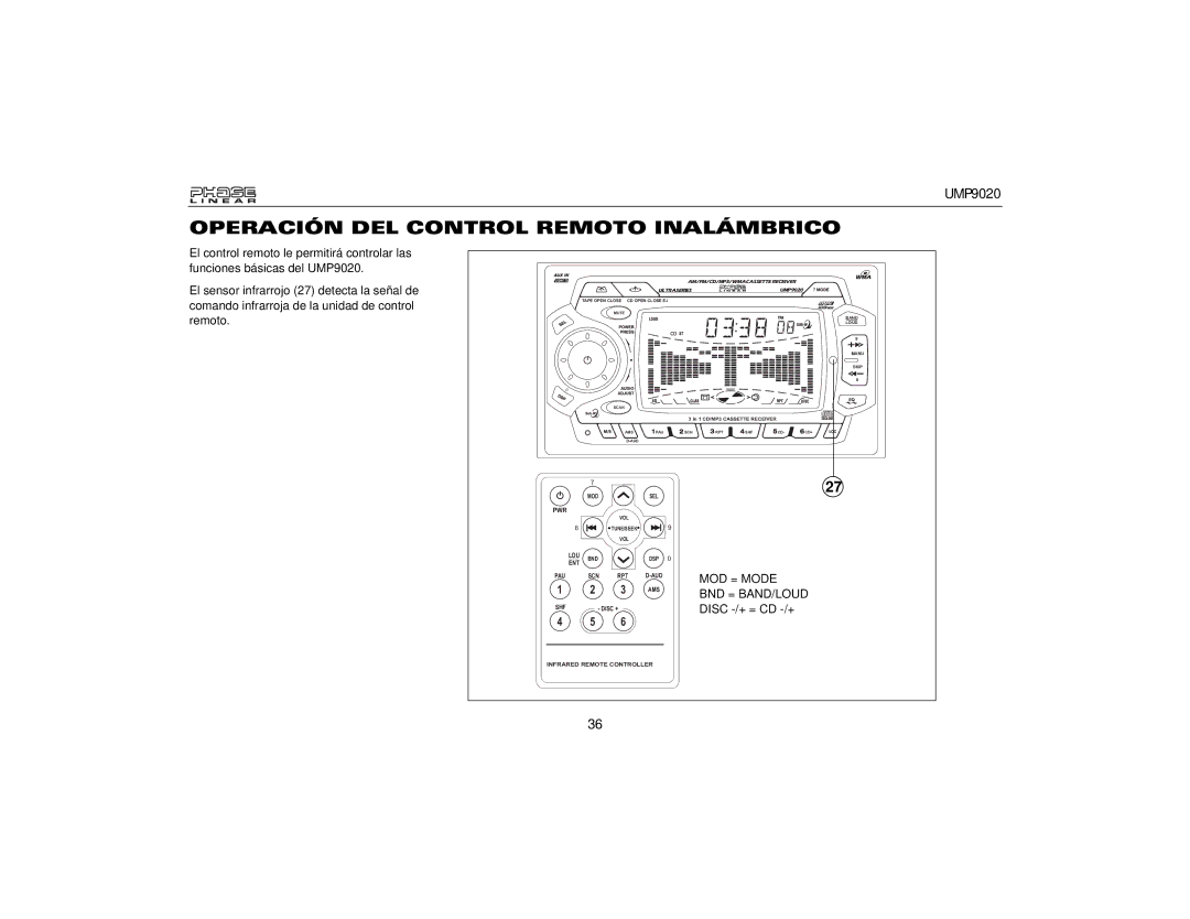 Audiovox UMP9020 owner manual Operación DEL Control Remoto Inalámbrico 