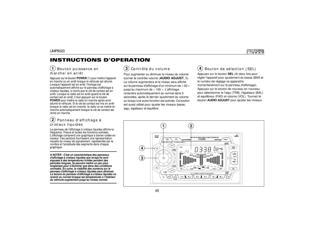 Audiovox UMP9020 Instructions Doperation, Bouton puissance en marche/en arrêt, Contrôle du volume, Bouton de sélection SEL 