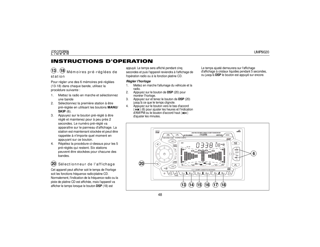 Audiovox UMP9020 owner manual 13 18 Mémoires pré-réglées de station, 20 Sélectionneur de laffichage, Régler lhorloge 