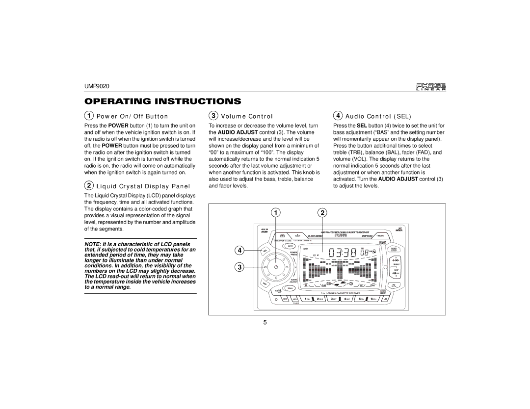 Audiovox UMP9020 owner manual Operating Instructions, Power On/Off Button, Liquid Crystal Display Panel Volume Control 