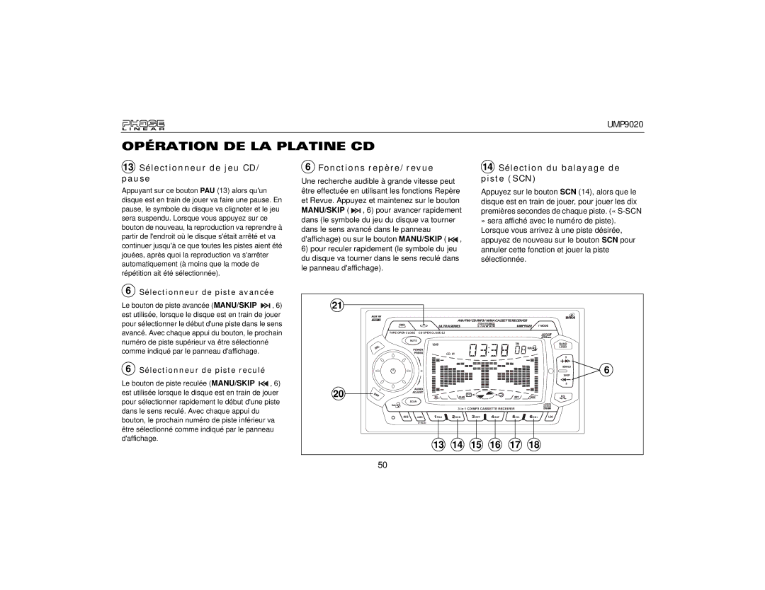 Audiovox UMP9020 13 Sélectionneur de jeu CD/ pause, Fonctions repère/revue, 14 Sélection du balayage de piste SCN 