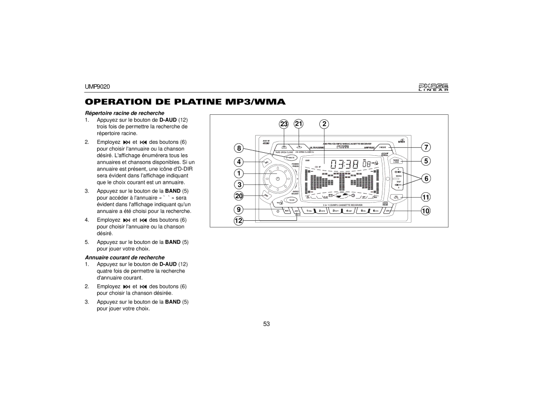 Audiovox UMP9020 owner manual Répertoire racine de recherche, Annuaire courant de recherche 