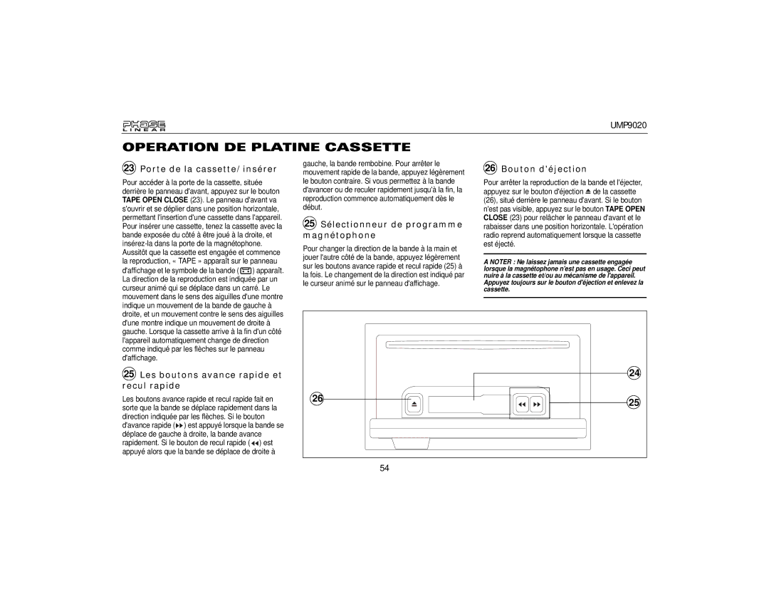 Audiovox UMP9020 Operation DE Platine Cassette, Porte de la cassette/insérer, 25 Sélectionneur de programme magnétophone 