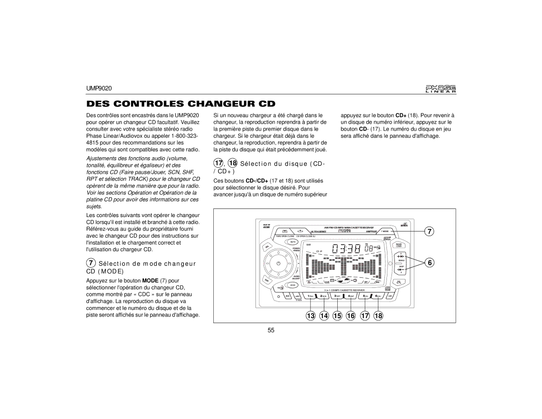 Audiovox UMP9020 DES Controles Changeur CD, Sélection de mode changeur CD Mode, 17 , 18 Sélection du disque CD- /CD+ 