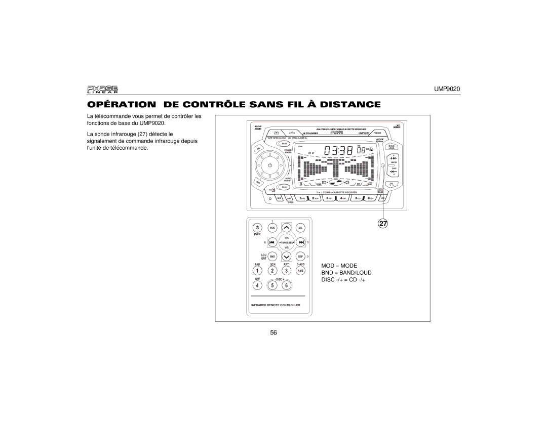 Audiovox UMP9020 owner manual Opération DE Contrôle Sans FIL À Distance 