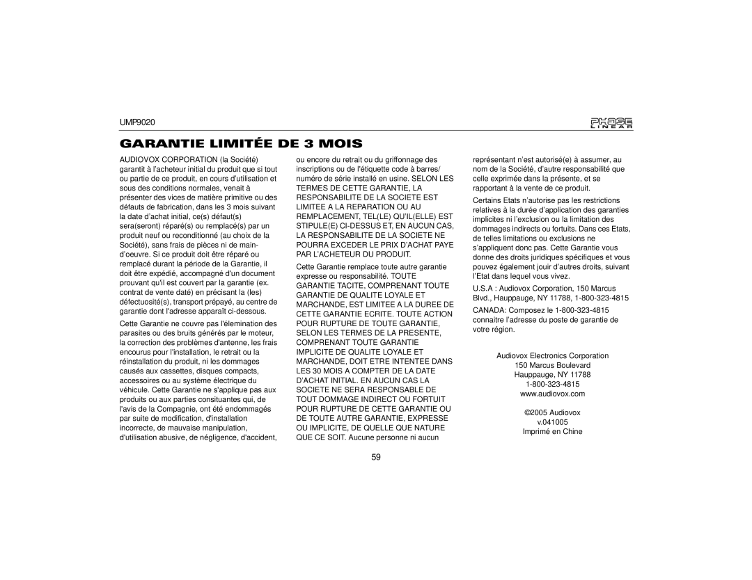 Audiovox UMP9020 owner manual Garantie Limitée DE 3 Mois 