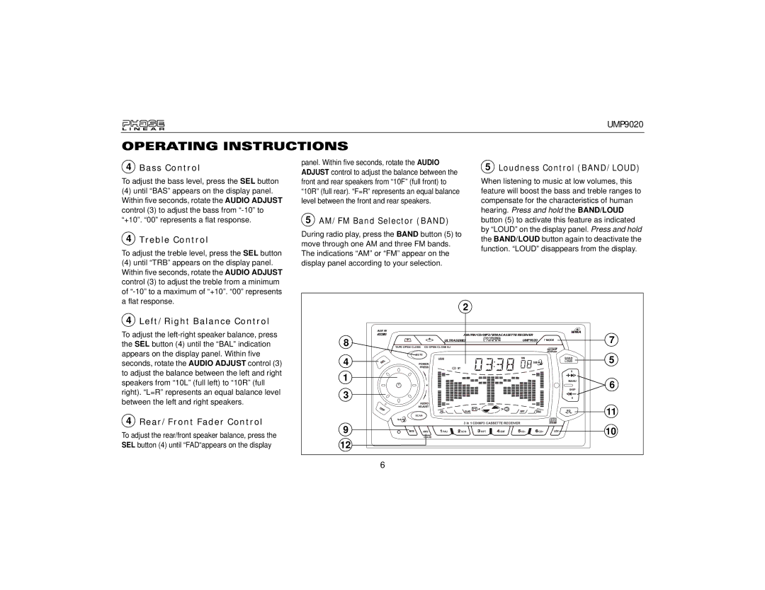 Audiovox UMP9020 owner manual Bass Control, Treble Control, Left/Right Balance Control, Rear/Front Fader Control 