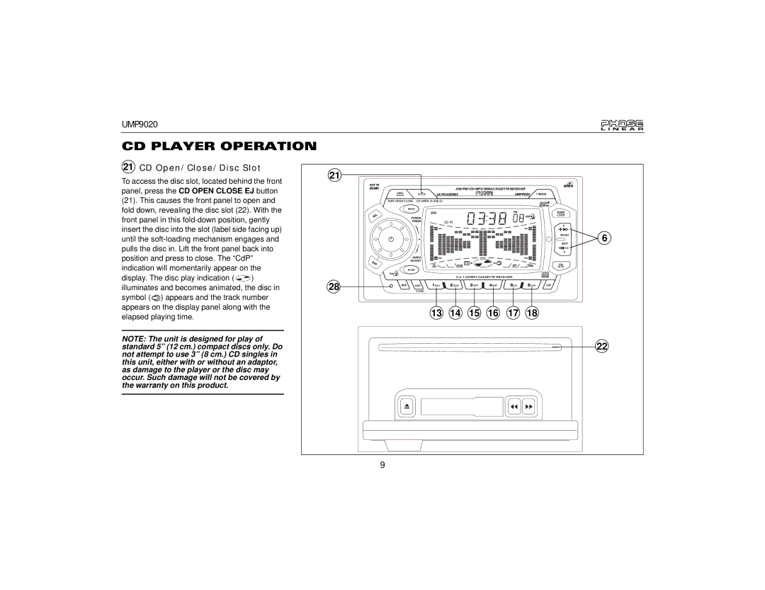 Audiovox UMP9020 owner manual CD Player Operation, CD Open/Close/Disc Slot 