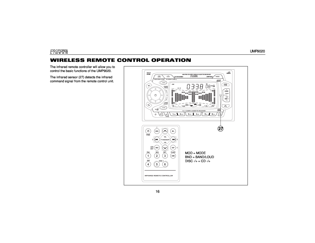 Audiovox UMP9020 owner manual Wireless Remote Control Operation 