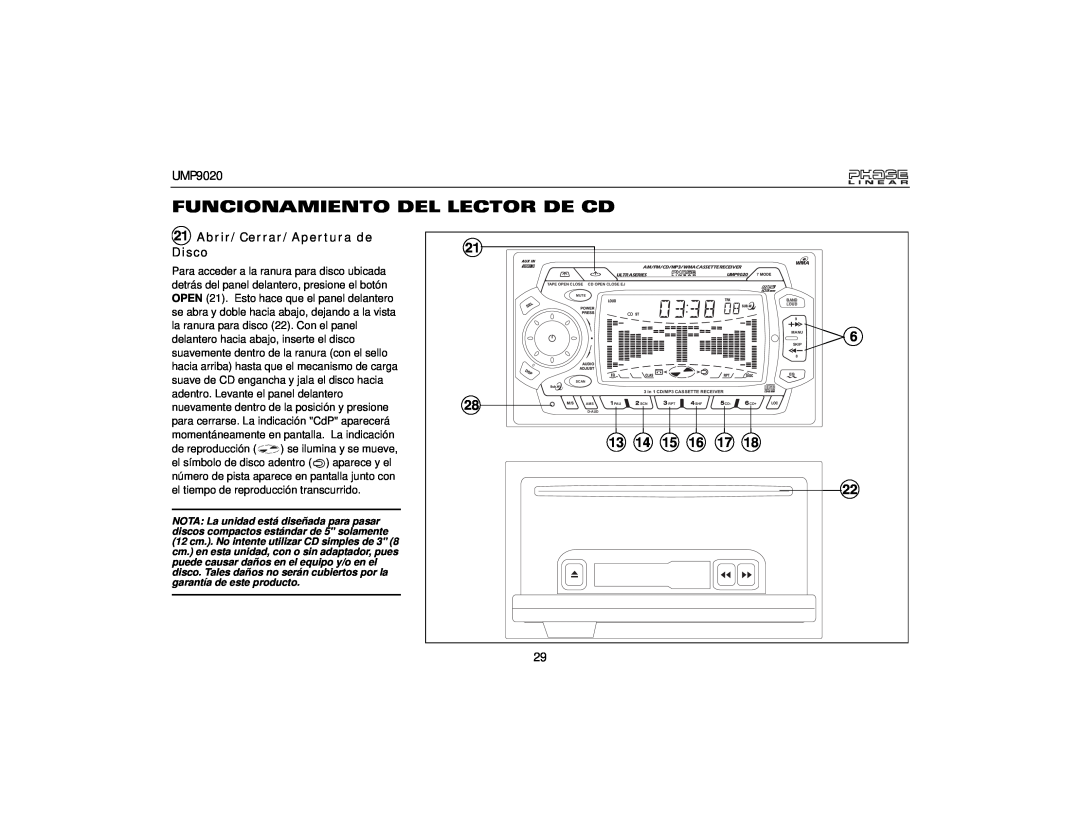 Audiovox UMP9020 owner manual Funcionamiento Del Lector De Cd, Abrir/Cerrar/Apertura de Disco 
