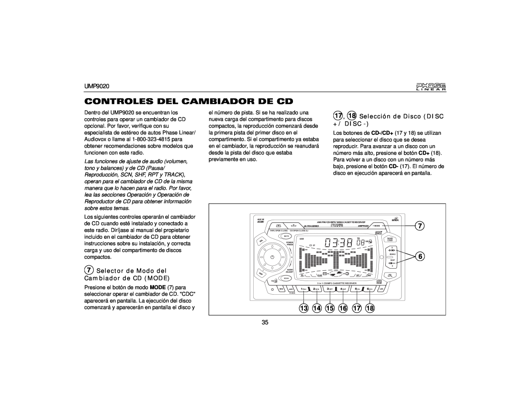 Audiovox UMP9020 owner manual Controles Del Cambiador De Cd, 17 , 18 Selección de Disco DISC +/ DISC, 13 14 15 16 17 