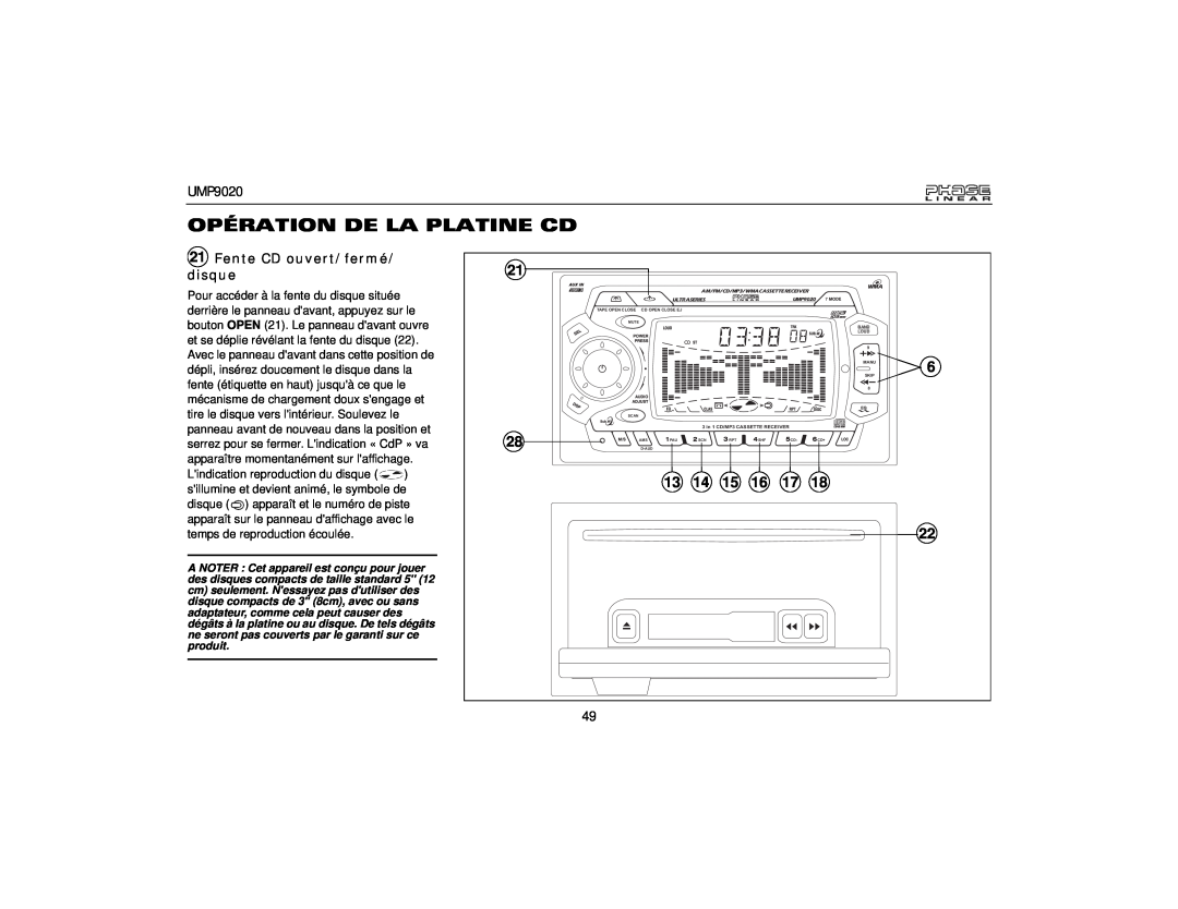 Audiovox UMP9020 owner manual Opération De La Platine Cd, Fente CD ouvert/fermé/ disque 