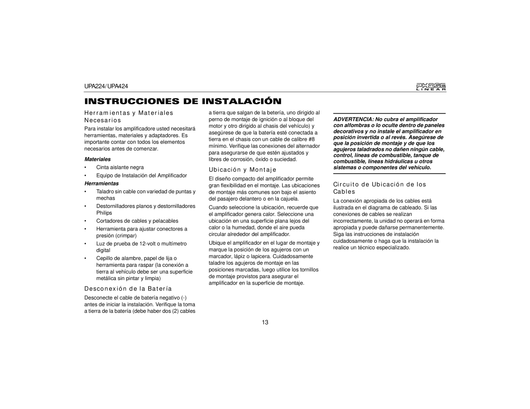 Audiovox UPA424, UPA224 Instrucciones DE Instalación, Herramientas y Materiales Necesarios, Desconexión de la Batería 