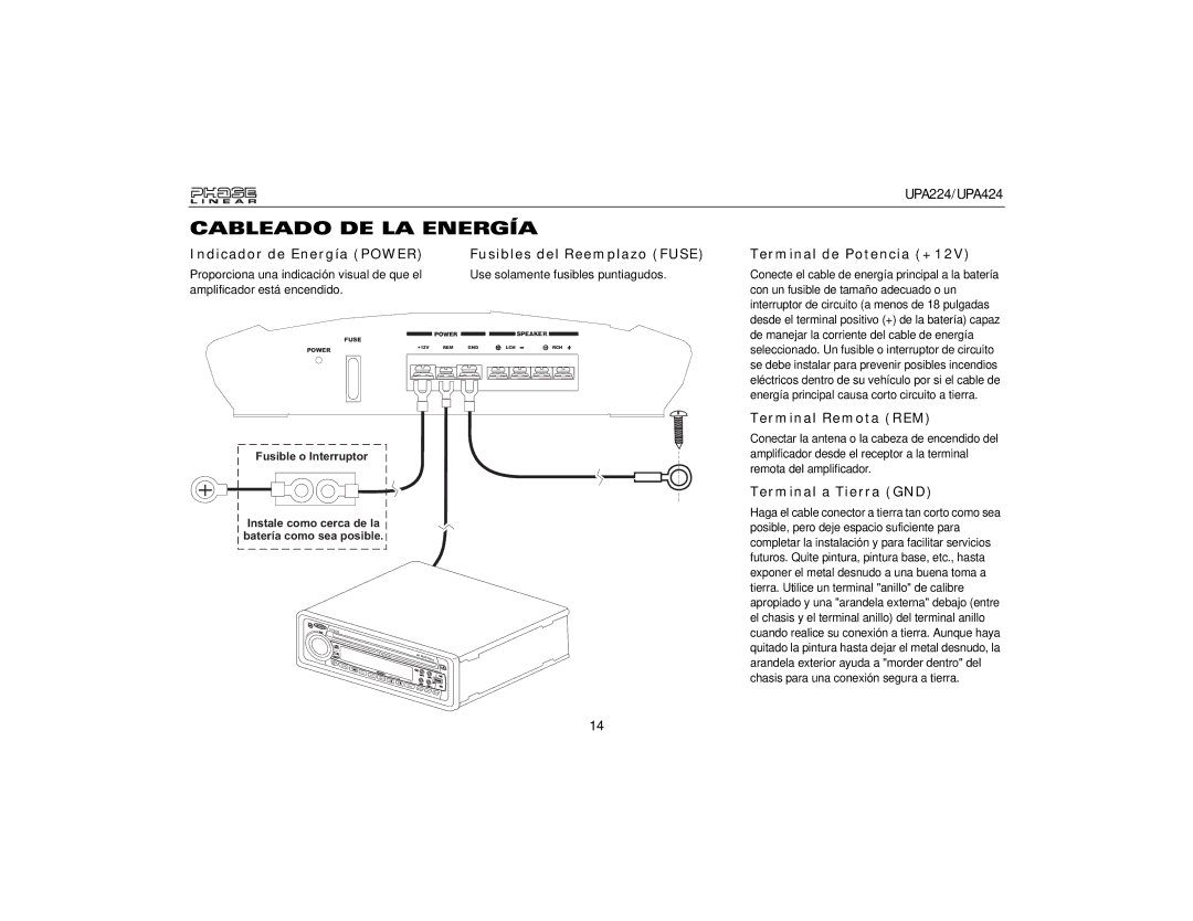 Audiovox UPA224, UPA424 Cableado DE LA Energía, Terminal de Potencia +12V, Terminal Remota REM, Terminal a Tierra GND 