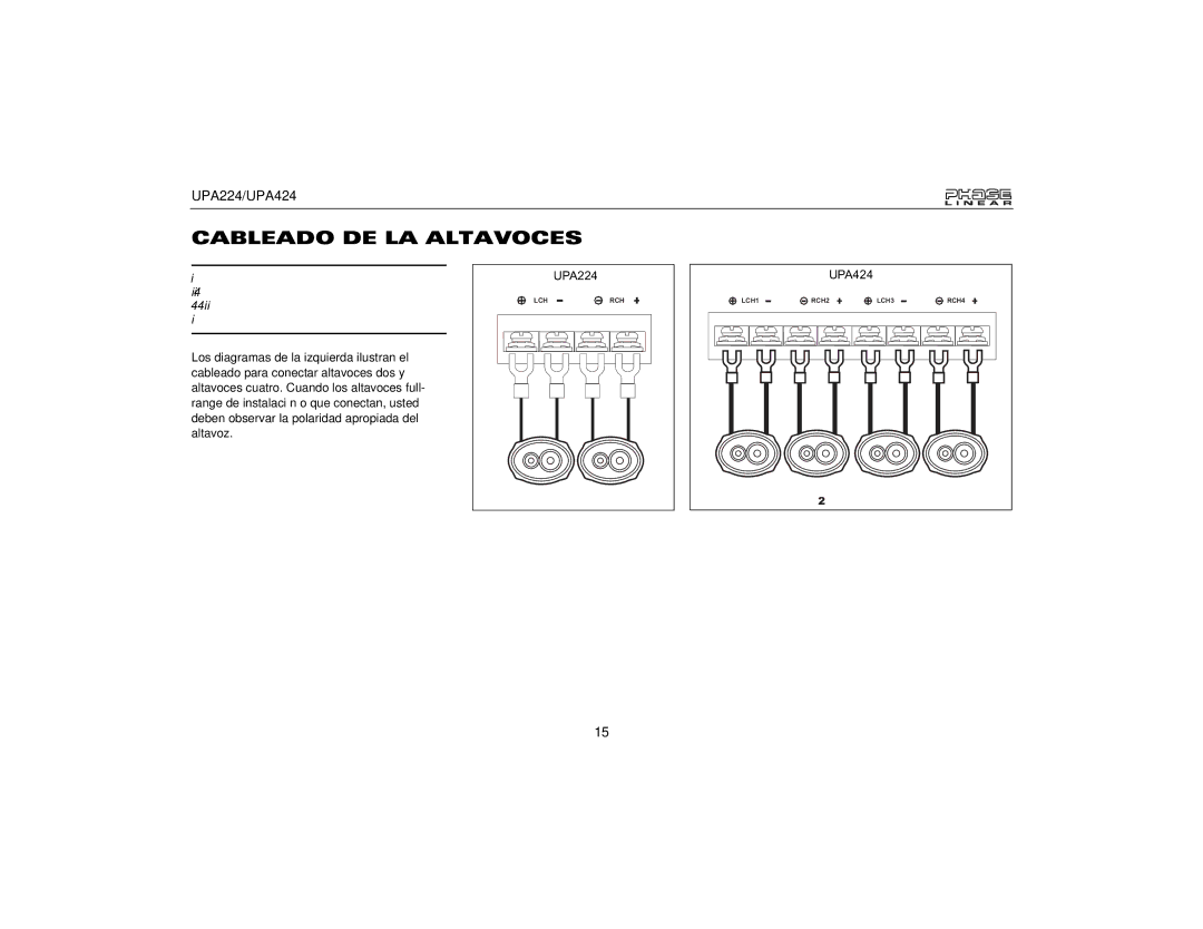 Audiovox UPA424, UPA224 owner manual Cableado DE LA Altavoces 