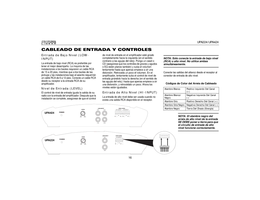 Audiovox UPA224, UPA424 owner manual Cableado DE Entrada Y Controles, Entrada de Bajo Nivel LOW, Nivel de Entrada Level 