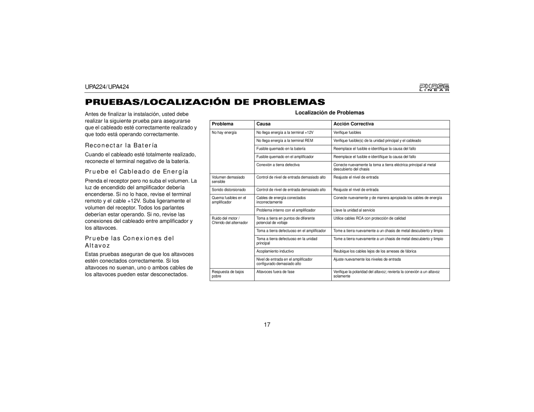 Audiovox UPA424, UPA224 PRUEBAS/LOCALIZACIÓN. DE Problemas, Reconectar la Batería, Pruebe el Cableado de Energía 