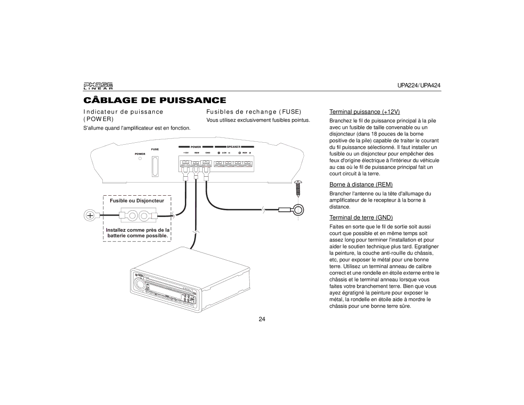 Audiovox UPA224, UPA424 owner manual Câblage DE Puissance, Power 