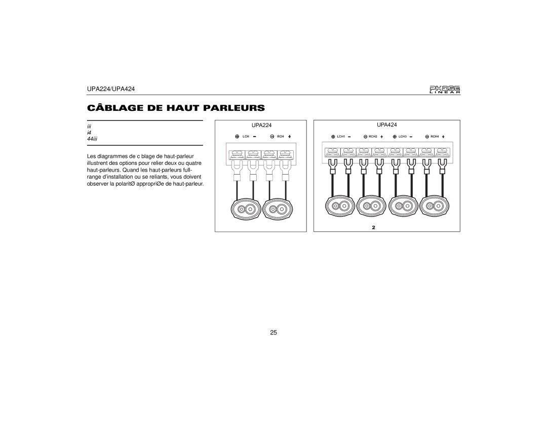 Audiovox UPA424, UPA224 owner manual Câblage DE Haut Parleurs 