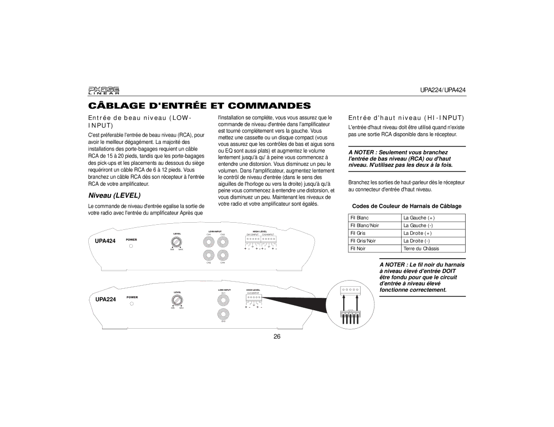 Audiovox UPA224, UPA424 owner manual Câblage Dentrée ET Commandes, Entrée de beau niveau LOW, Entrée dhaut niveau HI-INPUT 