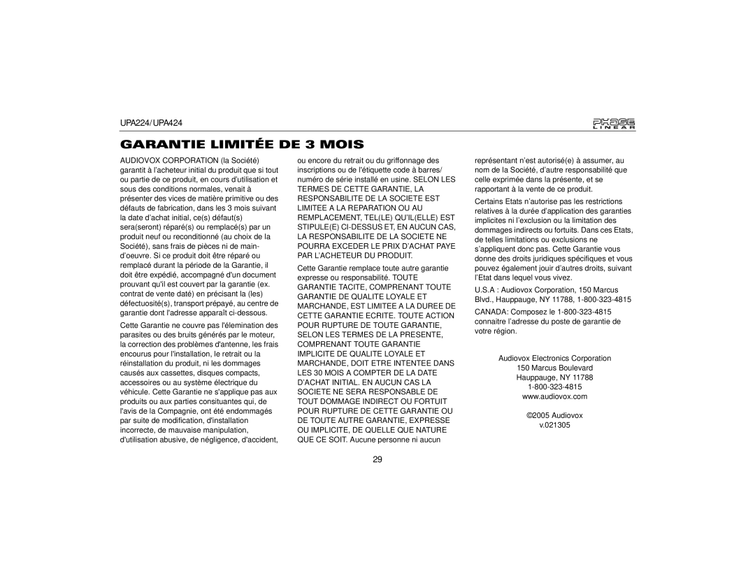 Audiovox UPA424, UPA224 owner manual Garantie Limitée DE 3 Mois 