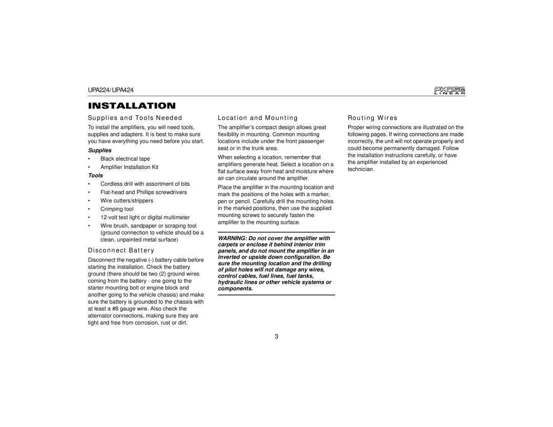 Audiovox UPA424, UPA224 Installation, Supplies and Tools Needed, Disconnect Battery, Location and Mounting, Routing Wires 