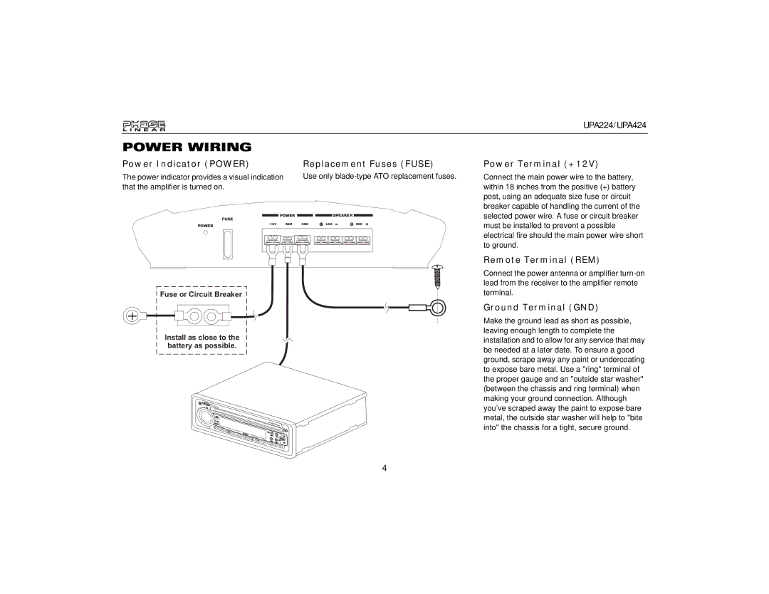 Audiovox UPA224, UPA424 owner manual Power Wiring 