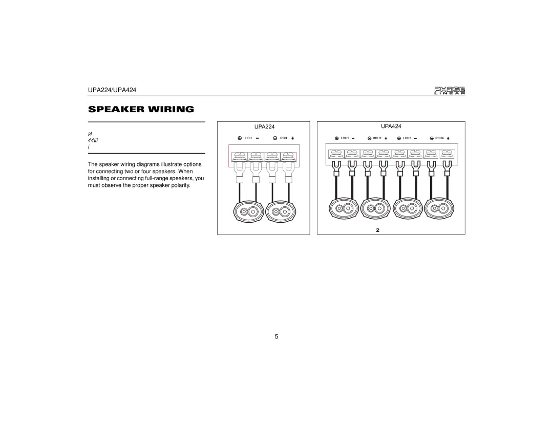 Audiovox UPA424, UPA224 owner manual Speaker Wiring 