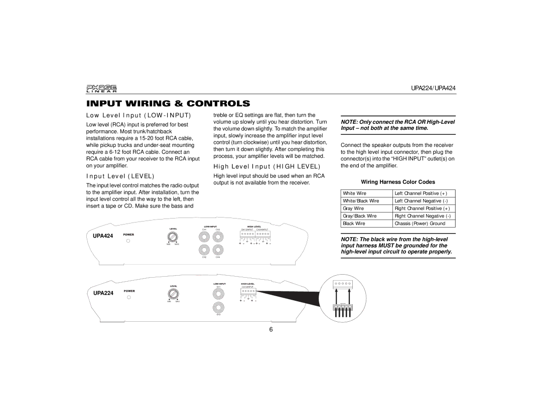 Audiovox UPA224, UPA424 Input Wiring & Controls, Low Level Input LOW-INPUT, Input Level Level, High Level Input High Level 