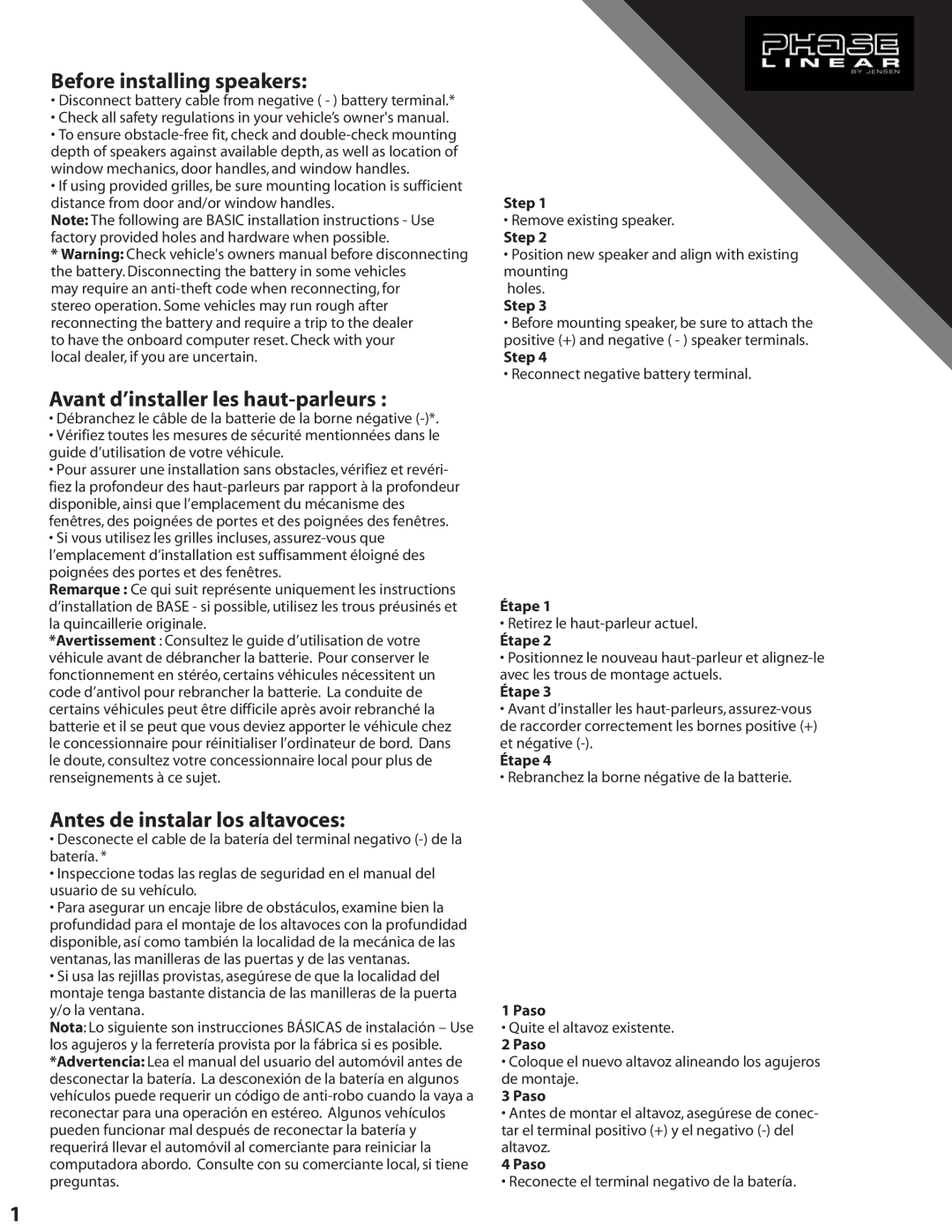 Audiovox US254, US240, US365 owner manual Before installing speakers 