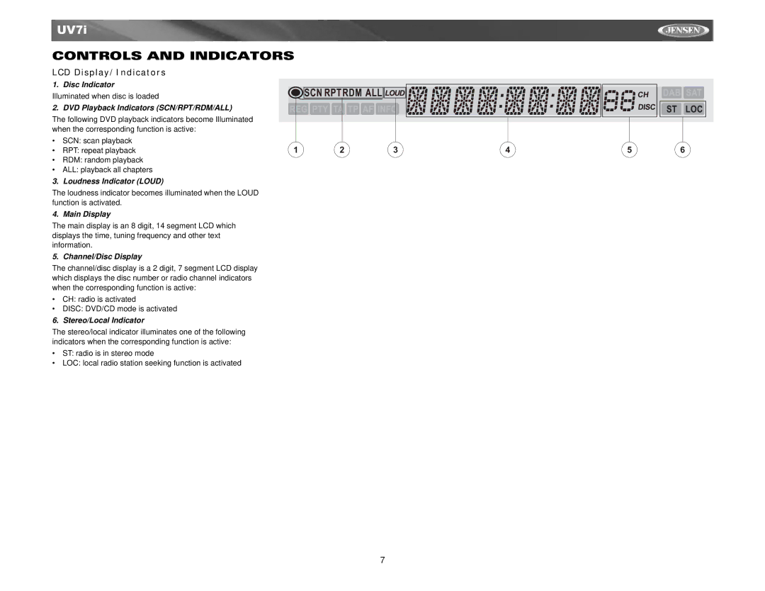 Audiovox UV7I instruction manual LCD Display/Indicators 