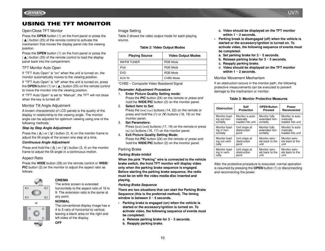 Audiovox UV7I instruction manual Using the TFT Monitor 