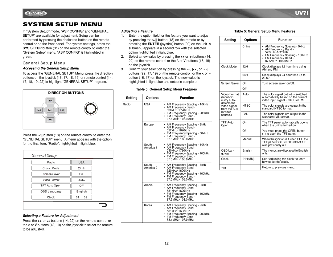 Audiovox UV7I System Setup Menu, Accessing the General Setup Menu, Selecting a Feature for Adjustment 