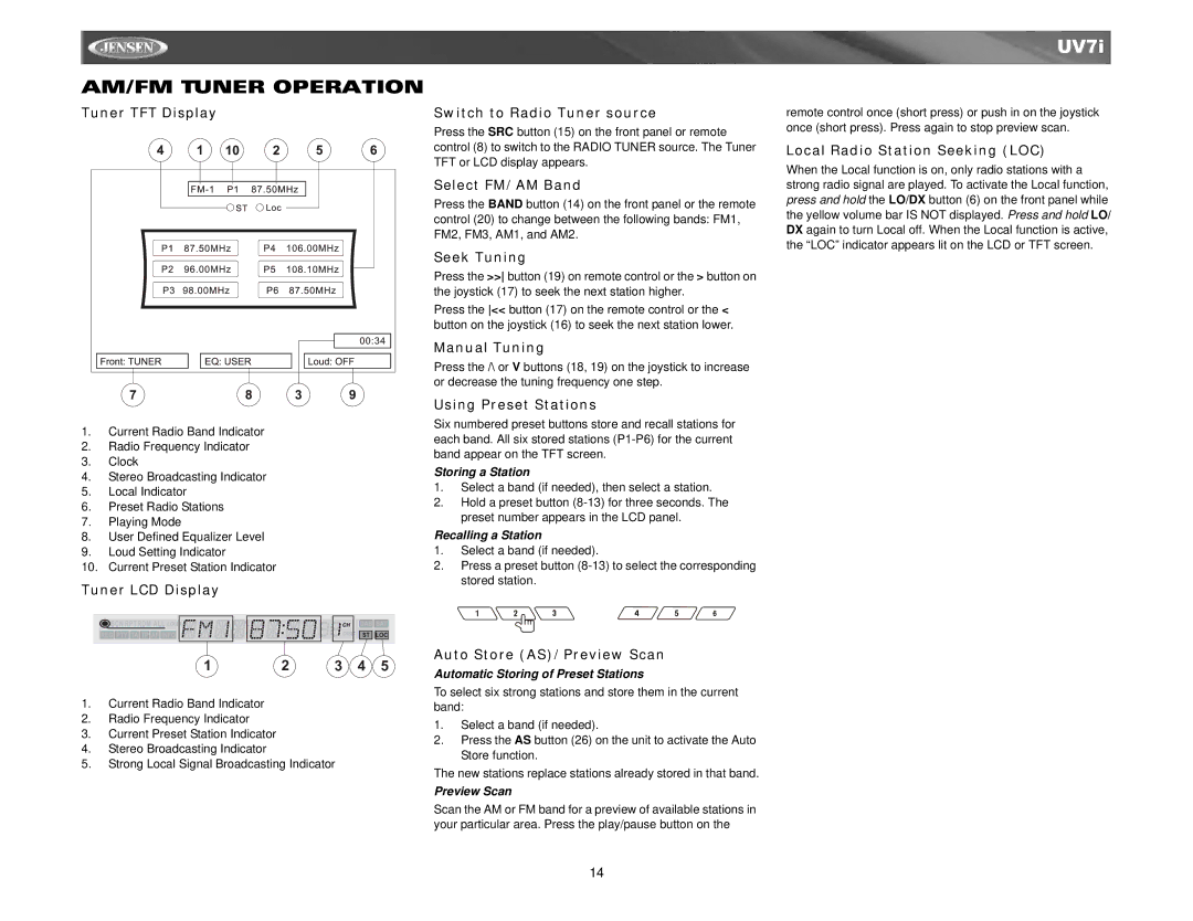 Audiovox UV7I instruction manual AM/FM Tuner Operation 