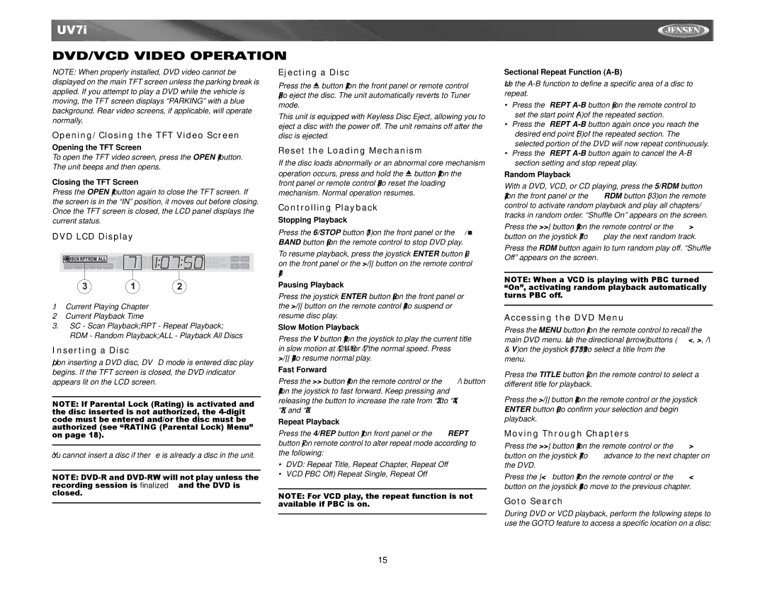 Audiovox UV7I instruction manual DVD/VCD Video Operation 