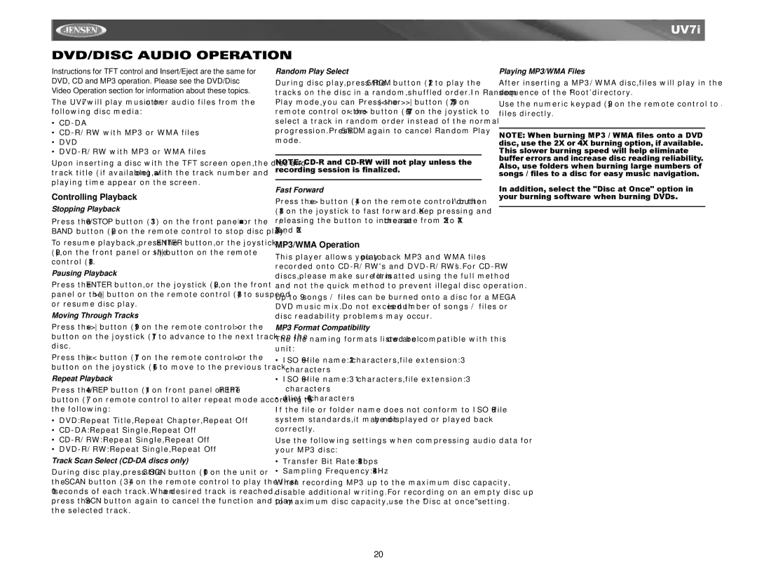 Audiovox UV7I instruction manual DVD/DISC Audio Operation, MP3/WMA Operation 