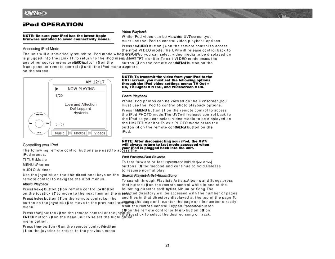 Audiovox UV7I instruction manual Accessing iPod Mode, Controlling your iPod 