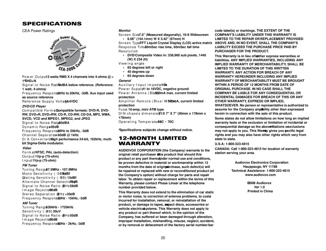 Audiovox UV7I instruction manual Specifications, Month Limited Warranty, CEA Power Ratings 