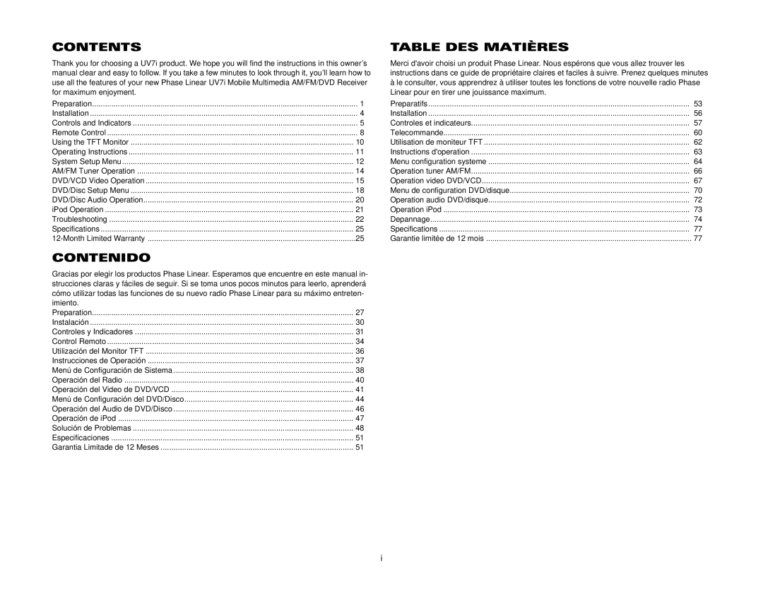 Audiovox UV7I instruction manual Contents, Contenido, Table DES Matières 