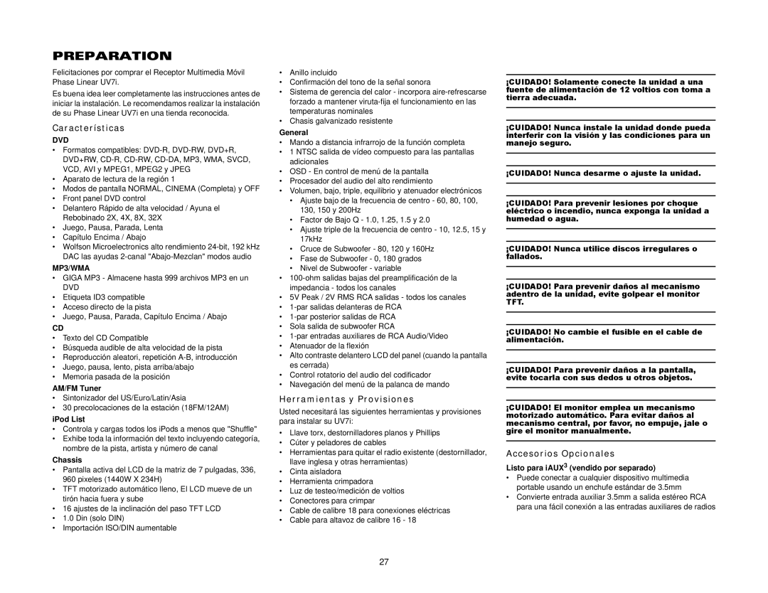 Audiovox UV7I instruction manual Características, Herramientas y Provisiones, Accesorios Opcionales, IPod List 