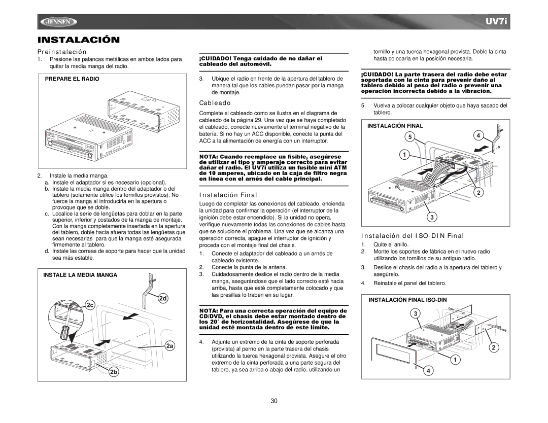 Audiovox UV7I instruction manual Preinstalación, Cableado, Instalación Final, Instalación del ISO-DIN Final 