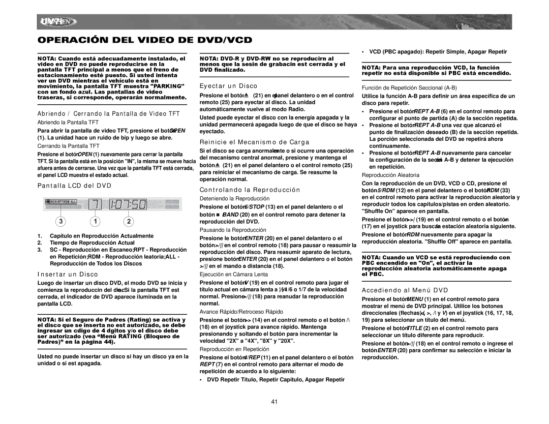 Audiovox UV7I instruction manual Operación DEL Video DE DVD/VCD 