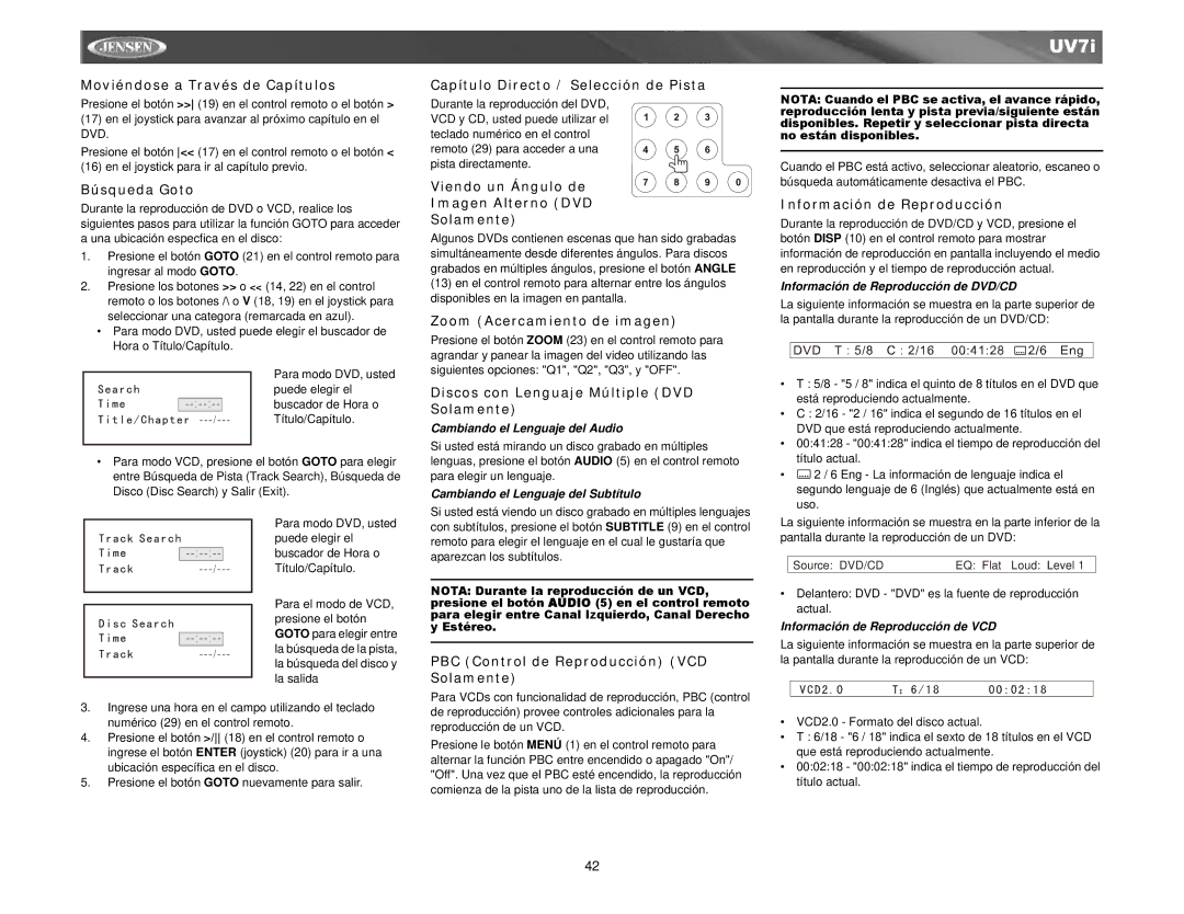 Audiovox UV7I instruction manual Moviéndose a Través de Capítulos, Búsqueda Goto, Capítulo Directo / Selección de Pista 